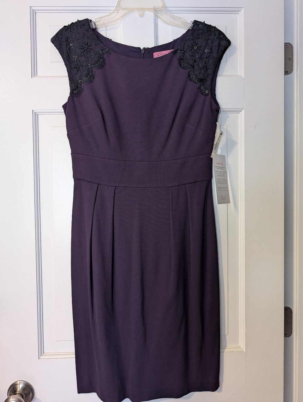 Eliza J Sleeveless Purple Lace-Shoulder Sheath Dress